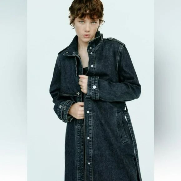 ZARA HIGH COLLAR DENIM TRENCH COAT - Picture 4 of 7